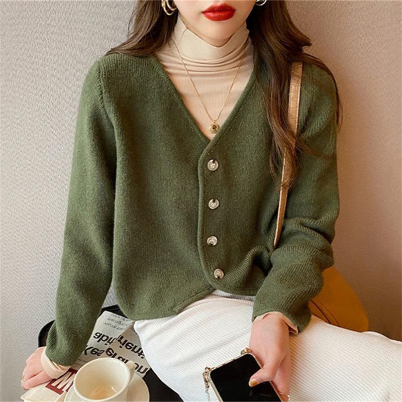 Autumn and Winter V-neck Solid Color Knitted Cardigan Top Women's Loose Lazy Style Sweater Jacket Versatile Commuter Style