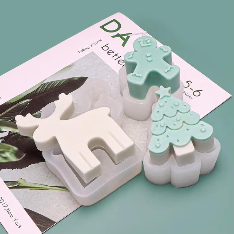 Ensemble de 3 moules à bougies en silicone Arbre de Noël Bonhomme en pain d'épices Bonhomme de neige Bricolage Dessin Animation Argile Plâtre Résine Moule Décoration