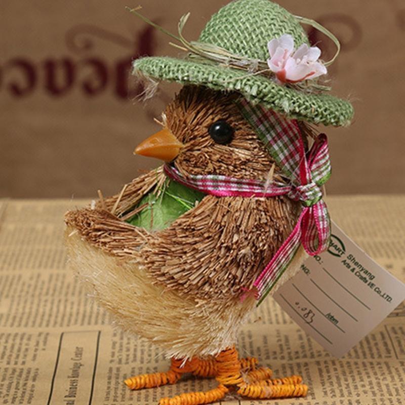 24TE Handmade Straw Small Duck Chick Figurine with Bowknot Weaving Animal Statue Ornament Easter Home Garden Wedding Party