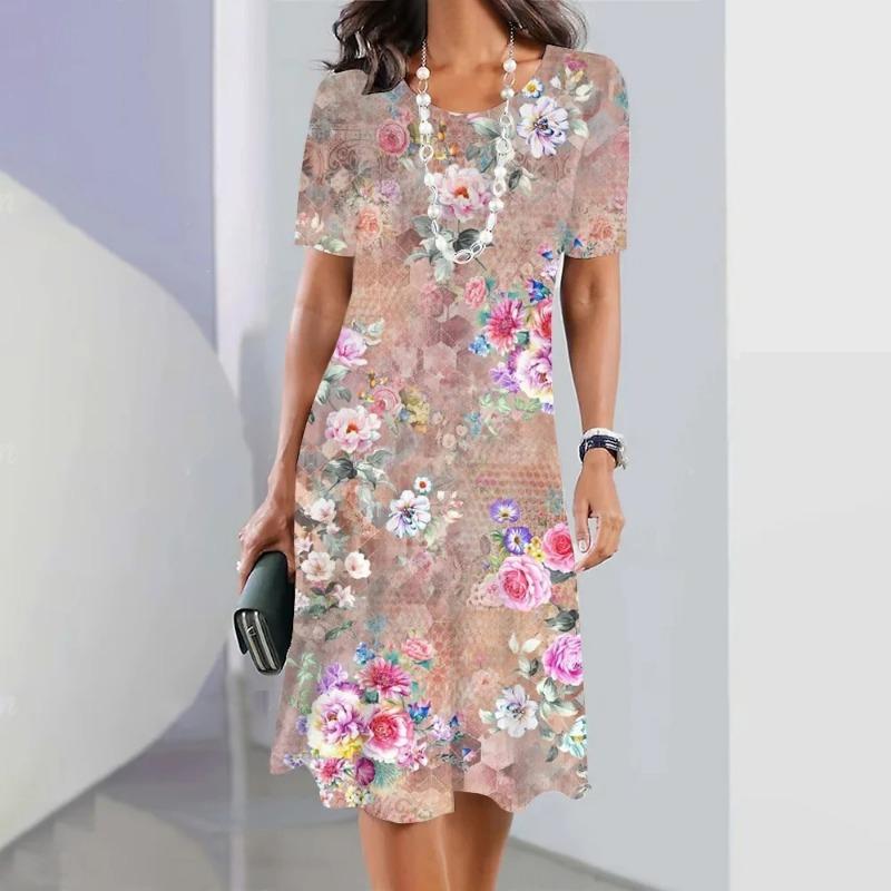 Elegant Floral Print Midi Dress Summer Women's Loose A-Line Dress Digital Printing Round Neck Short Sleeve Comfortable Fit