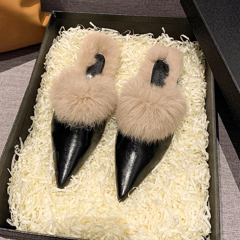 Pointed Head Flat Bottom Bag Head Slippers Women's Shoes Rabbit Fur Plush Warm Fashion Outdoor Fluff Drag High-end Leather Surface Europe and America
