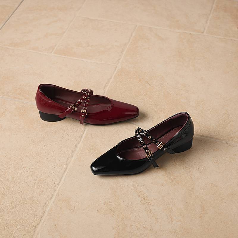 Krazing Pot Genuine Leather Square Toe Low Heels Summer Shoes Big Size 42 Buckle Straps Women Shallow Pumps