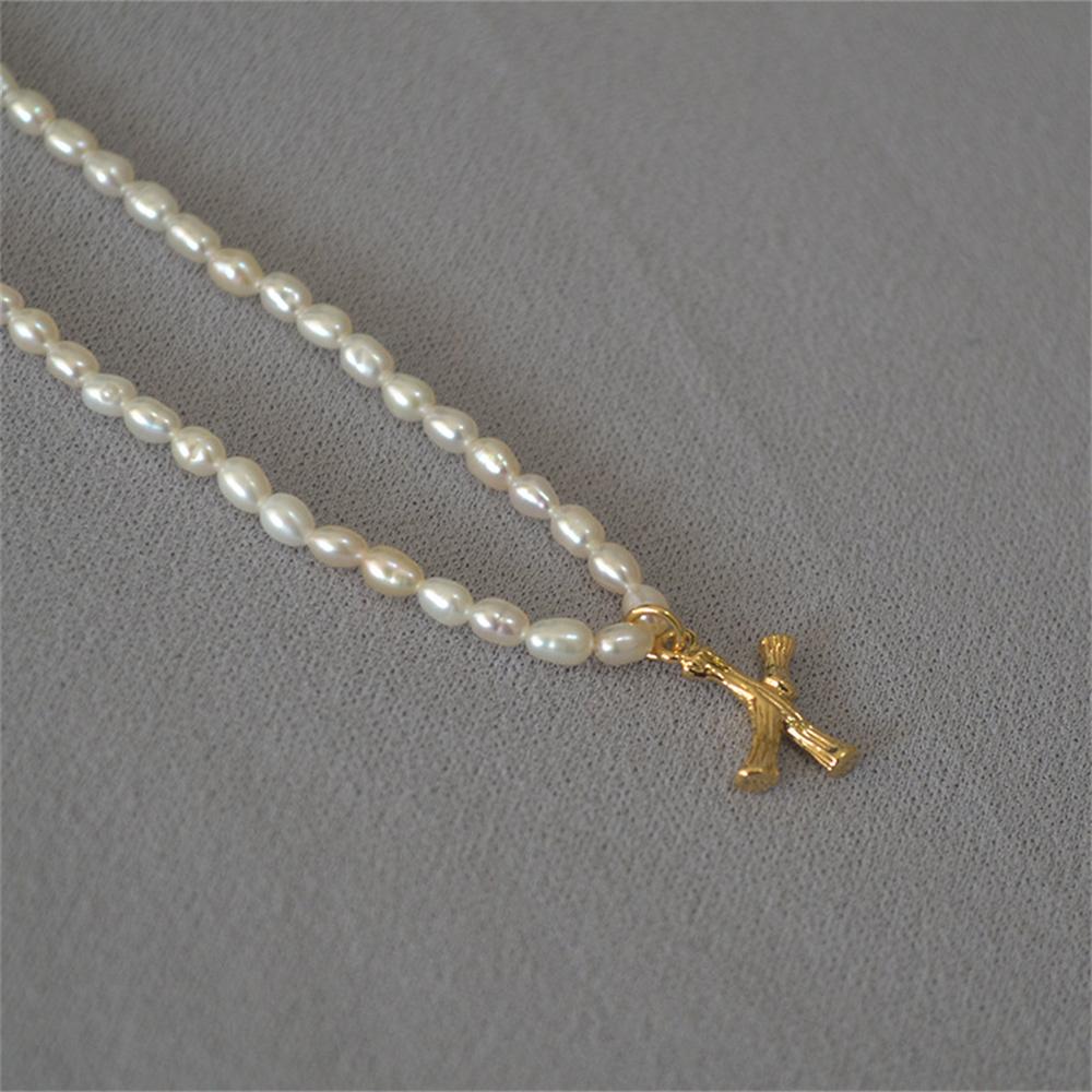 French Vintage Oval Artificial Pearl Chain Necklace For Women Fashion Boho Gold-plate Metal Tree Texture Letter Pendant Jewelry