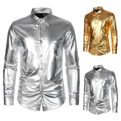 Chemise de Performance pour hommes, Surface brillante, col rabattu, simple boutonnage, manches longues, boutons, chemise en Satin pour fête en boîte de nuit, spectacle sur scène