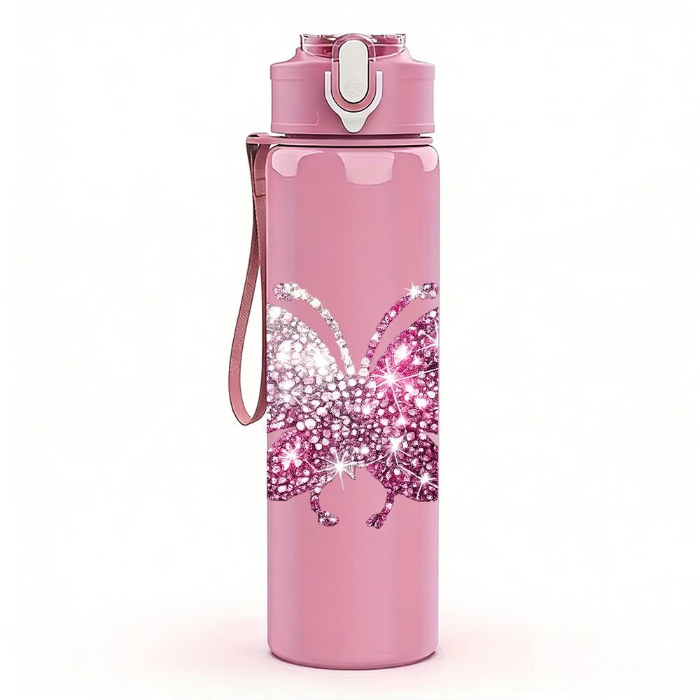 1PC Shimmer Pink Butterfly Wing Print 750ml Color Plastic Sports Water Bottle Leakproof Flip Straw Lid Suitable for Sports Office Home Use