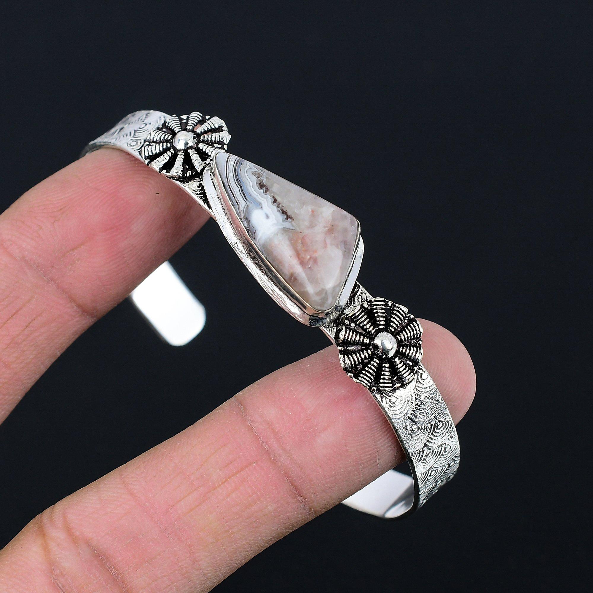 

Natural Crazy Lace Agate Gemstone Bangle Adjustable 925 Sterling Silver Jewelry Adjustable