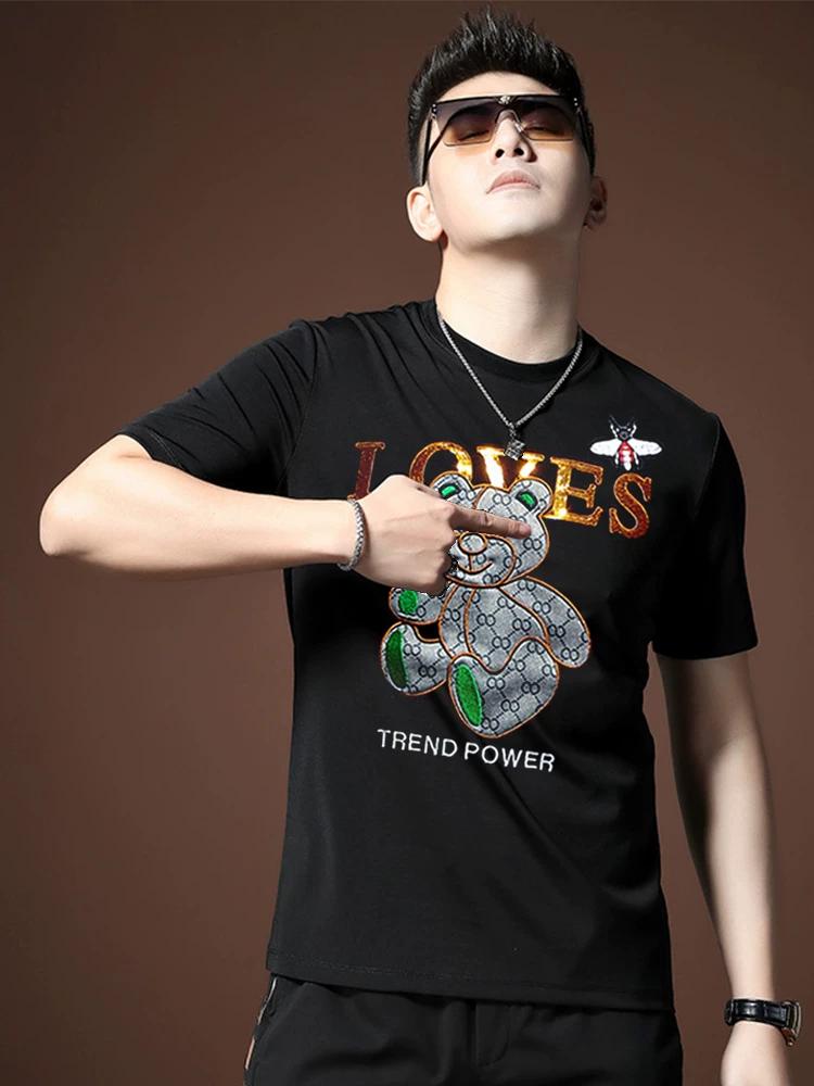 European Station High-End Embroidery Bear Ice Silk Short Sleeve T-shirt Male Fashion Brand Trend 2025 Summer New Arrival Men's Elbow-Sleeved Top