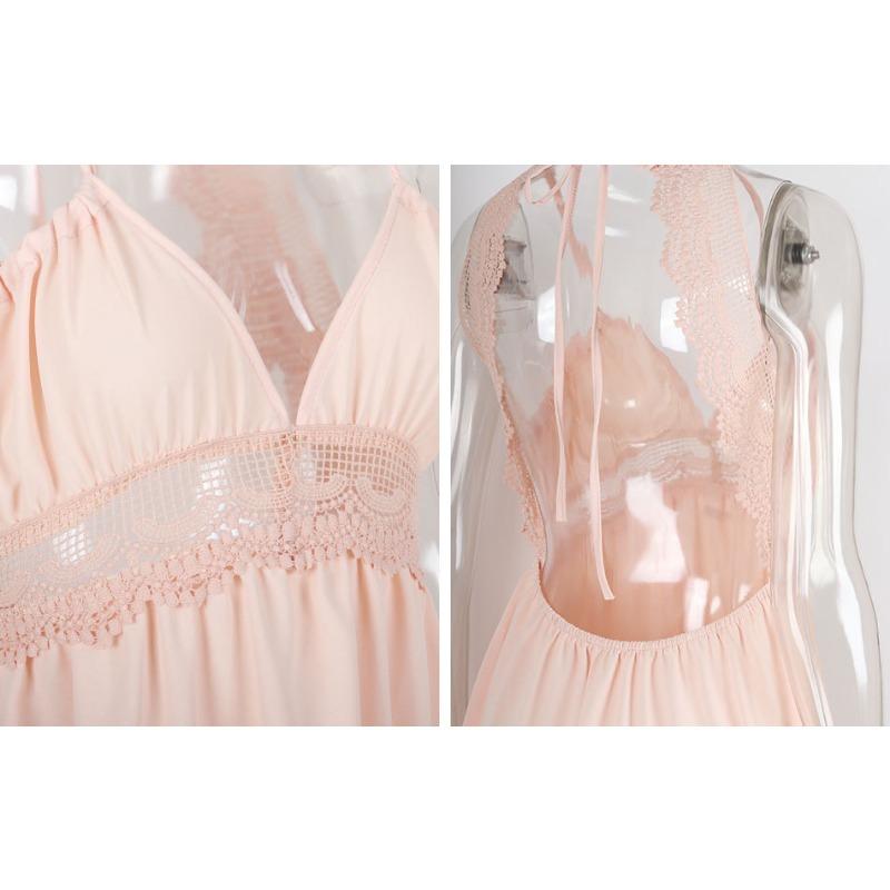 Solid Color Women's Sexy Backless Halter Waist Lace Dresses