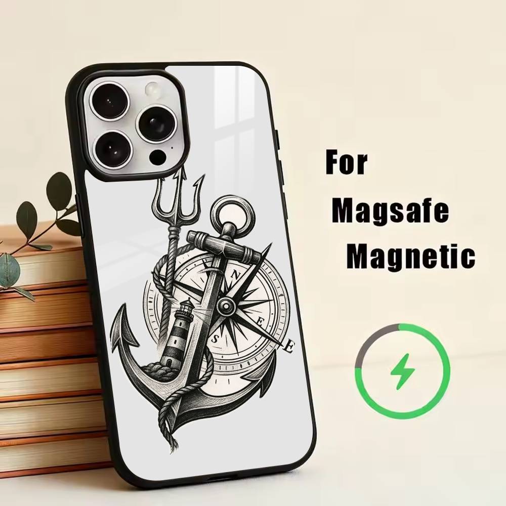 

Anchor Compass N-Nautical Sailor Phone Case For iPhone17,16,15,14,13,12,11 Plus,Pro Magnetic For Magsafe Wireless Charging iPhone13PROMAX