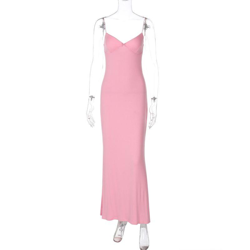 

Deep V-sleeveless Camisole Dress Deep V Neck Solid Color Sleeveless Sling Dress Pink S