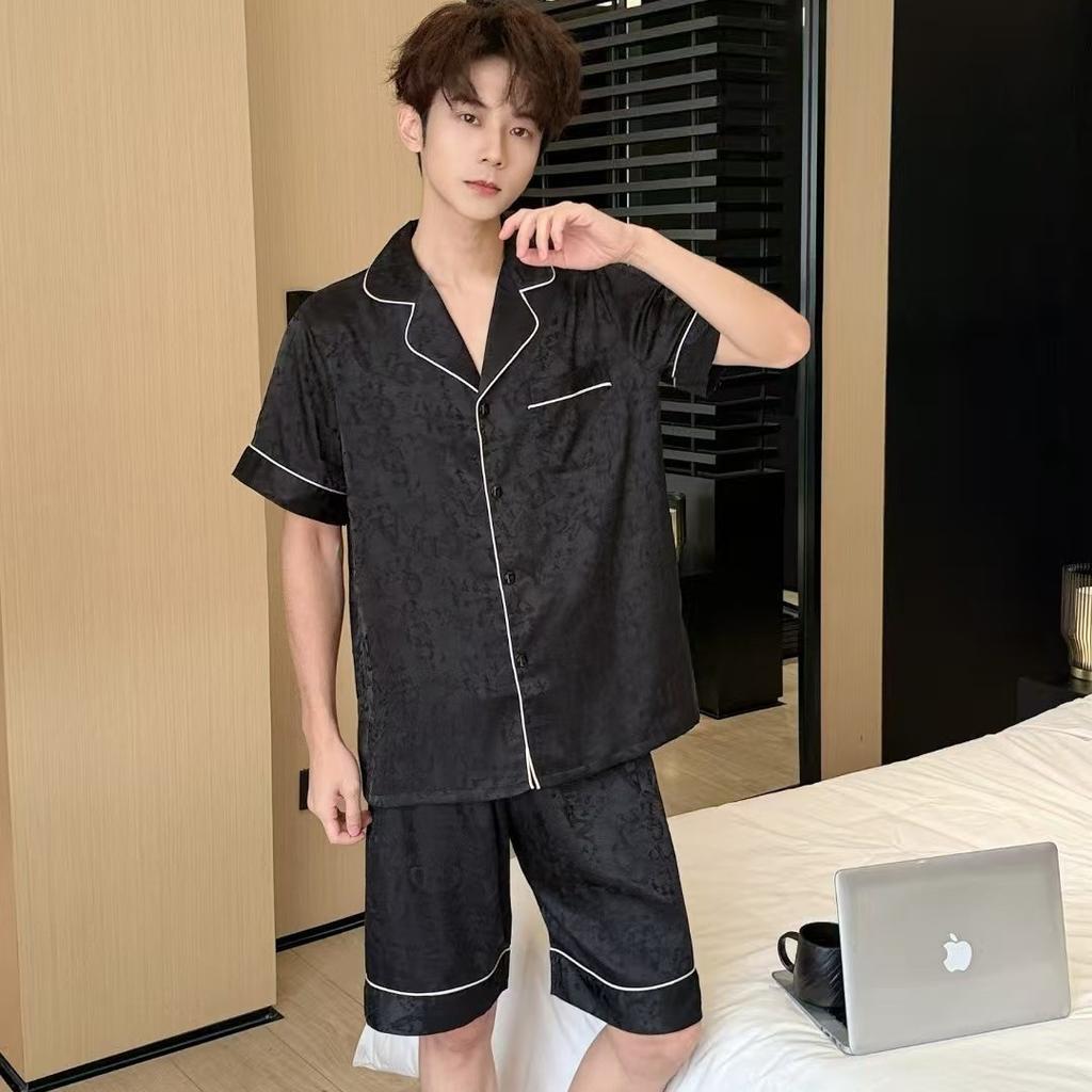 1011 Men's Ice Silk Pajamas Set Summer Short-sleeved Shorts High-end Jacquard Loungewear Can Be Worn Outside Trendy Brands