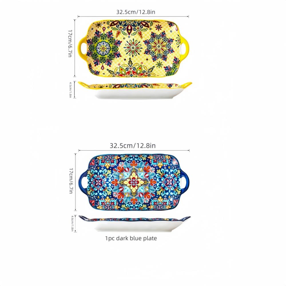 1pc Bohemian style ceramic fish dish with handle: 12.8-inch rectangular dining table tray, suitable for microwave and oven