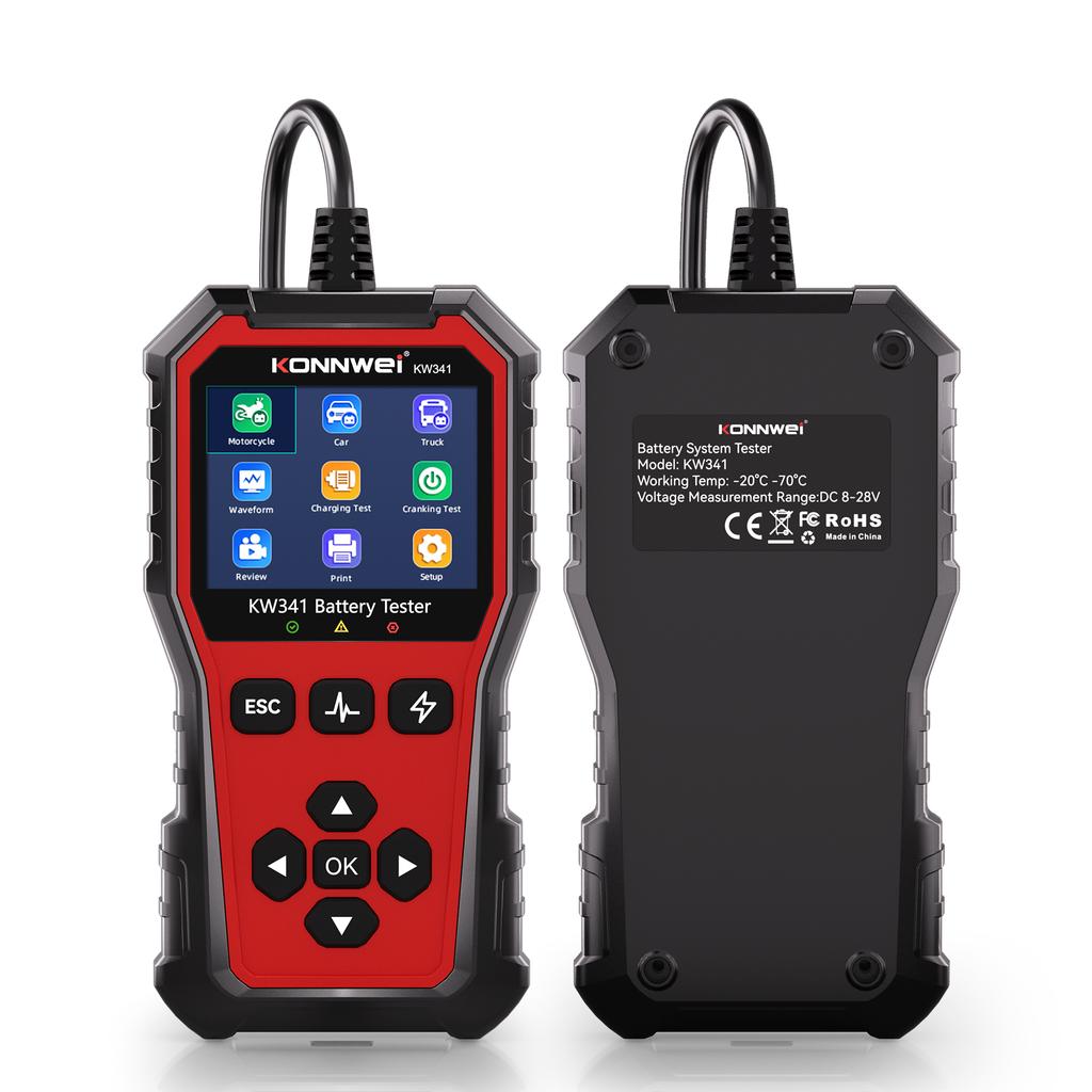2026 Batterielade-Scan-Tool KONNWEI KW341 Auto Motorrad LKW Batterietester 6V 12V 24V Fehlerdaten-Druck Startspannungs-Tester
