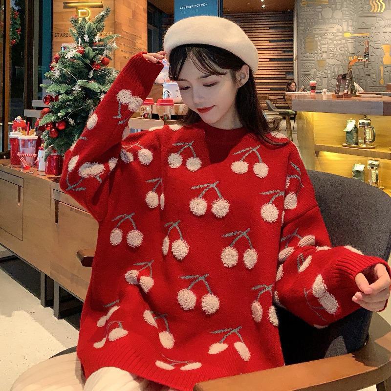 Autumn 2023 Girls' Sweet Red Cherry Sweater - Japanese Style, Loose Fit, Long Sleeve