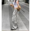 Vintage Leopard Print Low Rise Wide Leg Denim Pants Women Casual Loose Fit Jeans