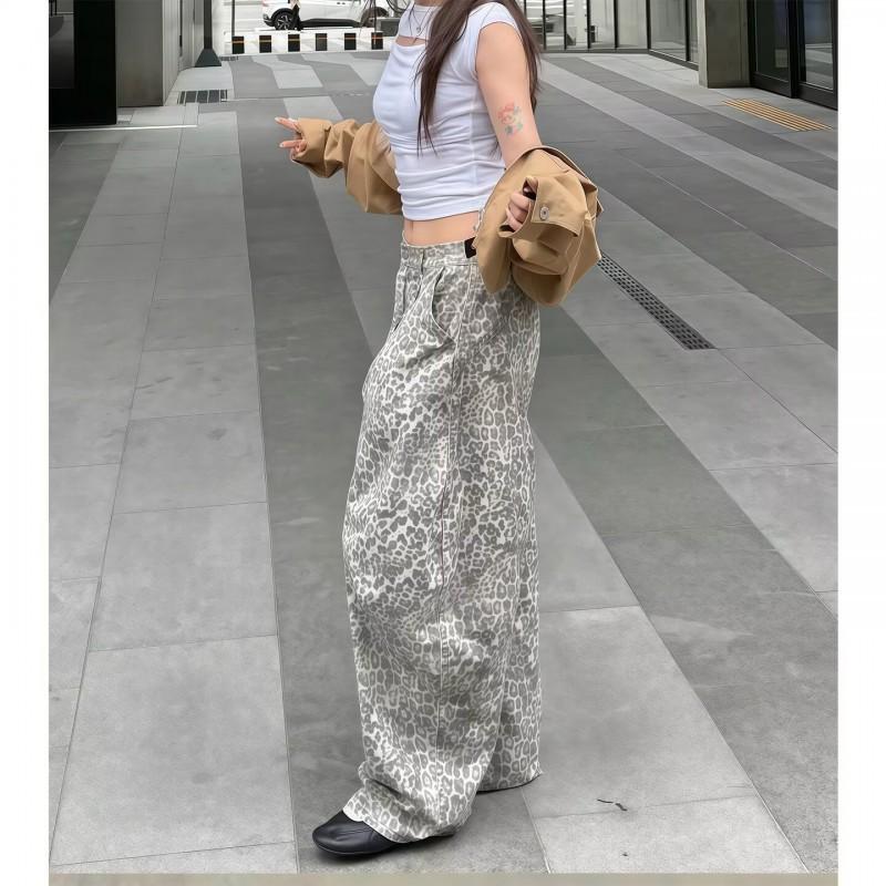 Vintage Leopard Print Low Rise Wide Leg Denim Pants Women Casual Loose Fit Jeans
