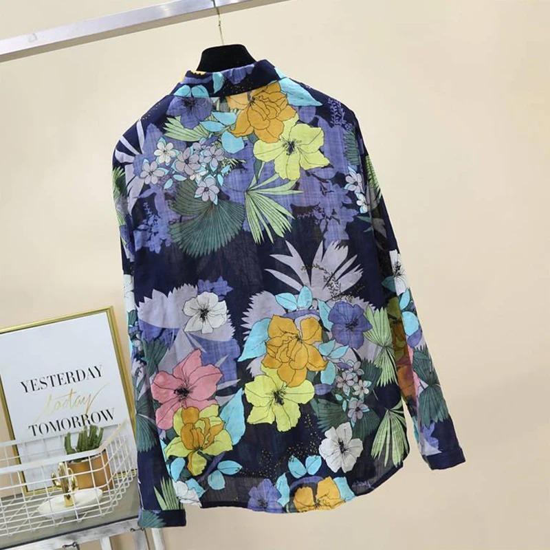 Spring Autumn Cotton Linen Casual Fashion Floral Print Shirt Ladies Loose