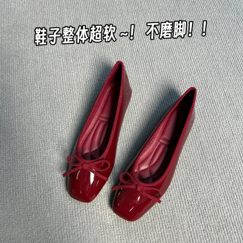 2025 Doudou grandma ballet bow new square head flat bottom red single shoes fragrant light mouth versatile women's shoes