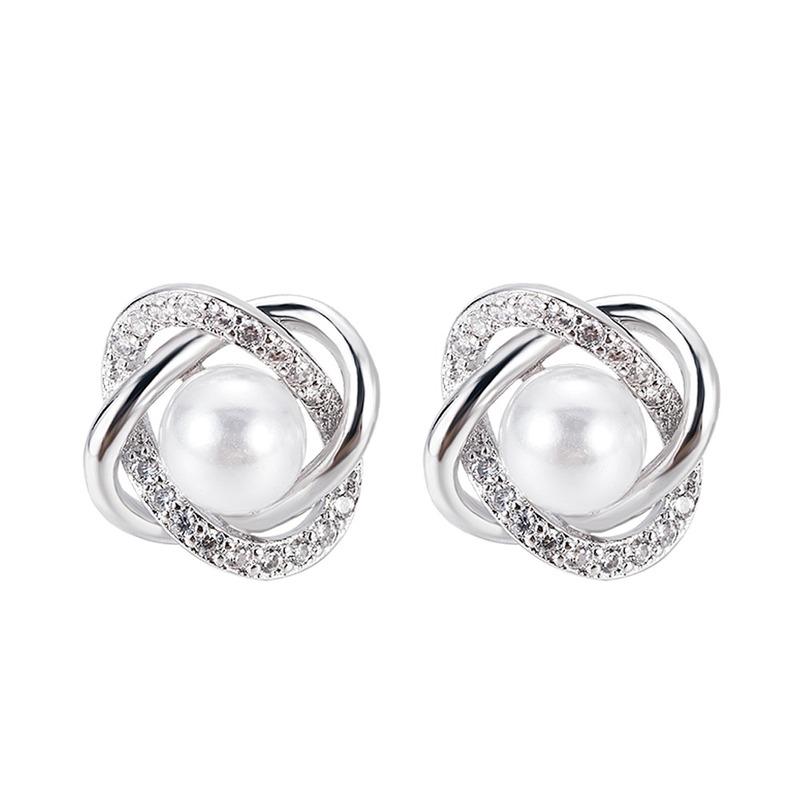 Classic White Imitation Pearl Stud Earrings For Women Silver Color Micro Paved Cubic Zirconia Bridal Wedding Jewelry Gift