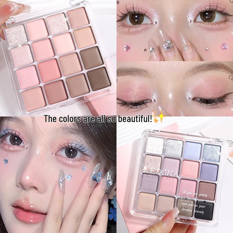 Laceena Sunset Magic 16-Color Eyeshadow Palette: Pearlescent Matte Earth Tones & Shimmery Pink Blush.