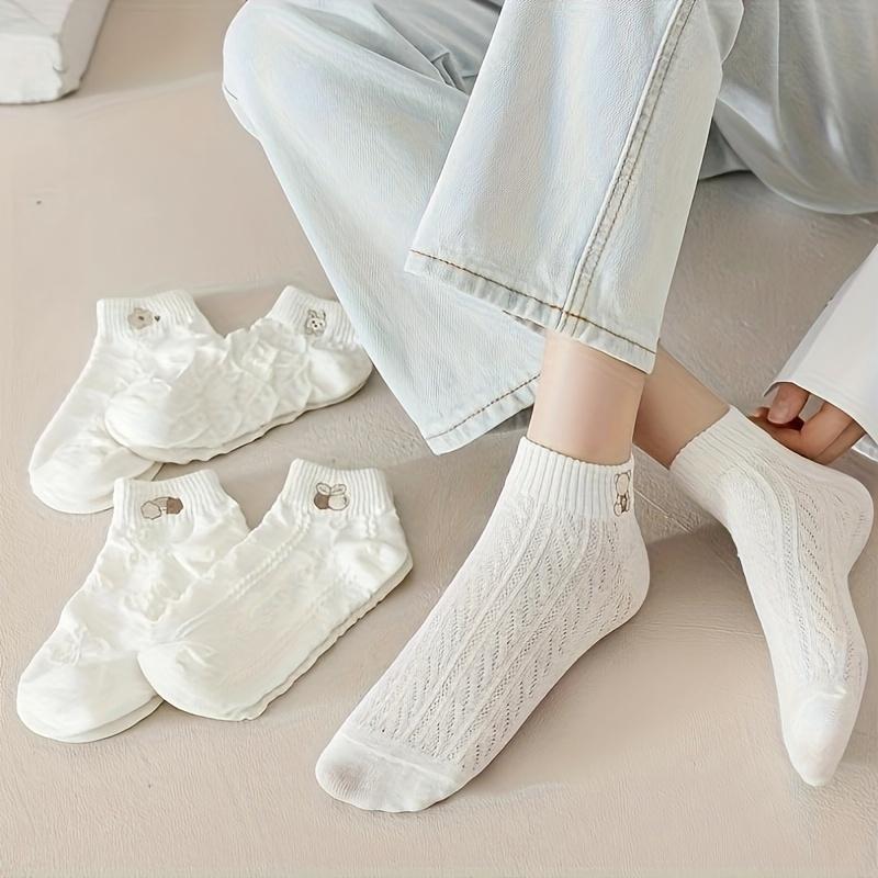 

5 Pairs Cartoon Pattern Ankle Socks, Cute Breathable Embroidered Low Cut Socks for Women