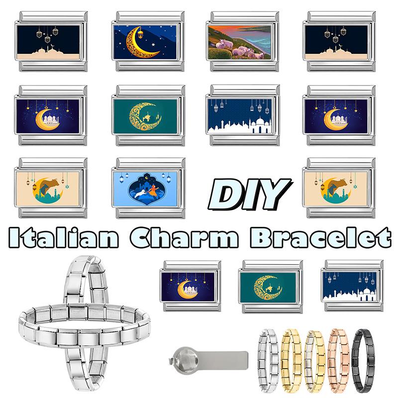 New Classic Hari Raya Haji Element Moon Sheep Pattern Italian Charm Links Fit 9mm Bracelet Stainless Steel DIY Making Jewelry