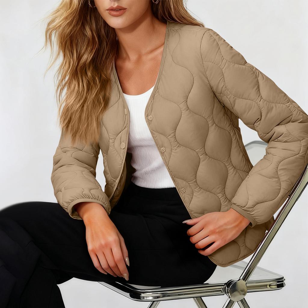 Women's Solid-color Fashionable Lightweight Down Cotton-padded Jacket, Warm Collarless Coat