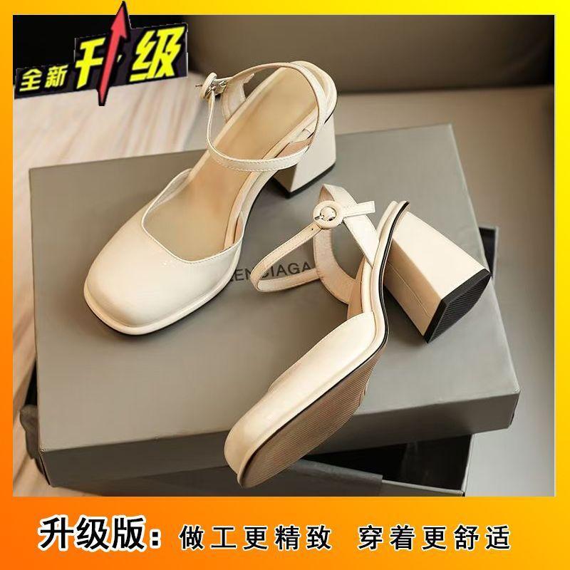 One-word high heels square head single shoes women's shoes 2025 spring and summer new thick heel Mary Jane bag head sandals women
