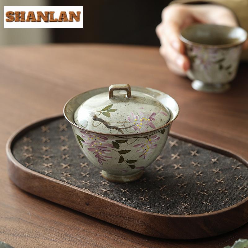 Hand-painted Wisteria Flower Two Talents Gaiwan Traditional Tea Tureen Tea Bowl With Lid Kit Tea Maker Cover Bowl Teaware Craft