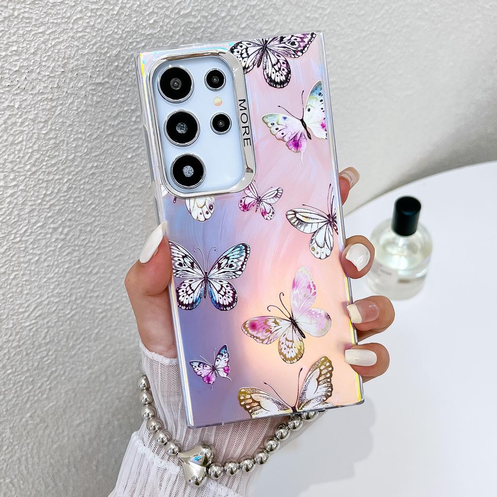 Suitable for Samsung S25 Ultra Electroplating Butterfly S24Plus Colorful Laser A56 Pearl Bracelet Mobile Case