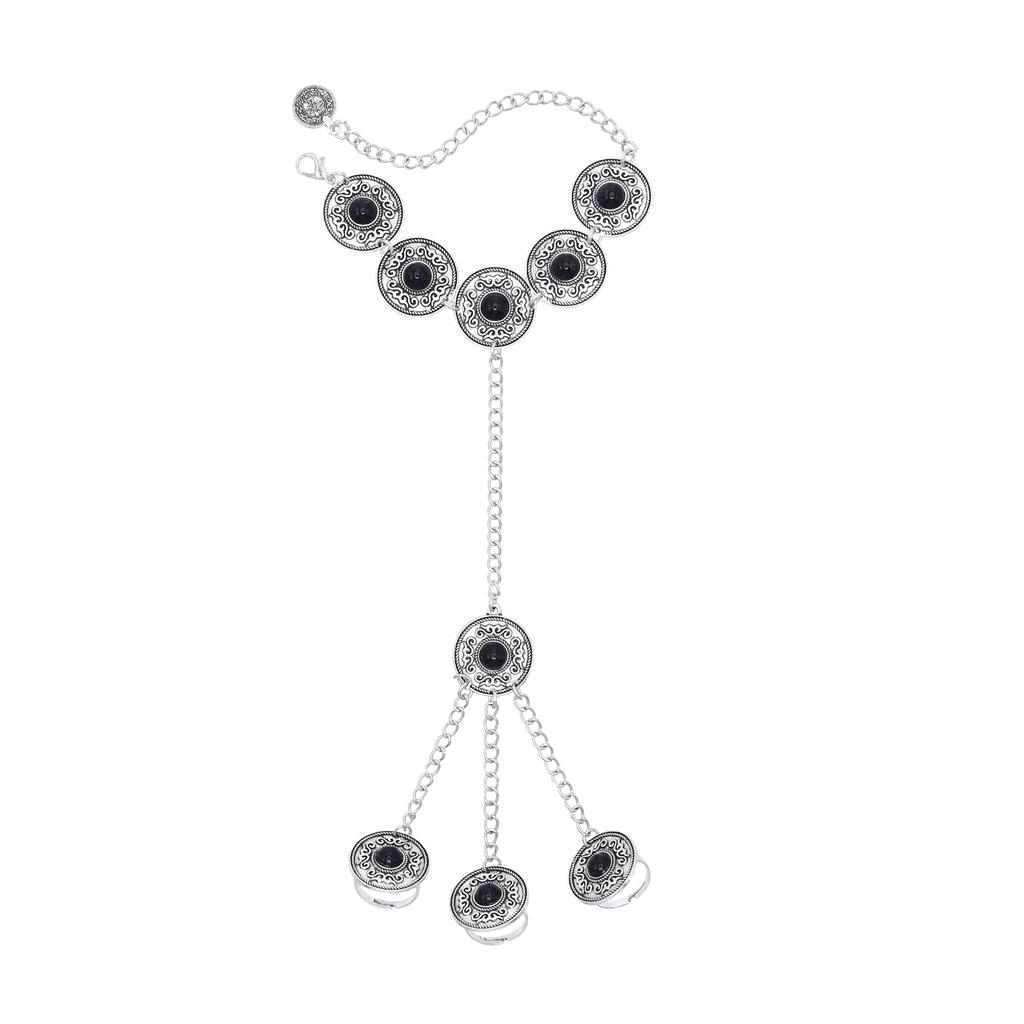 Vintage Silvery Long Chains Finger Pulling Bracelet Alloy Carving Flower Round Acrylic Gem Boho Ethnic Women's Bracelet Jewelry
