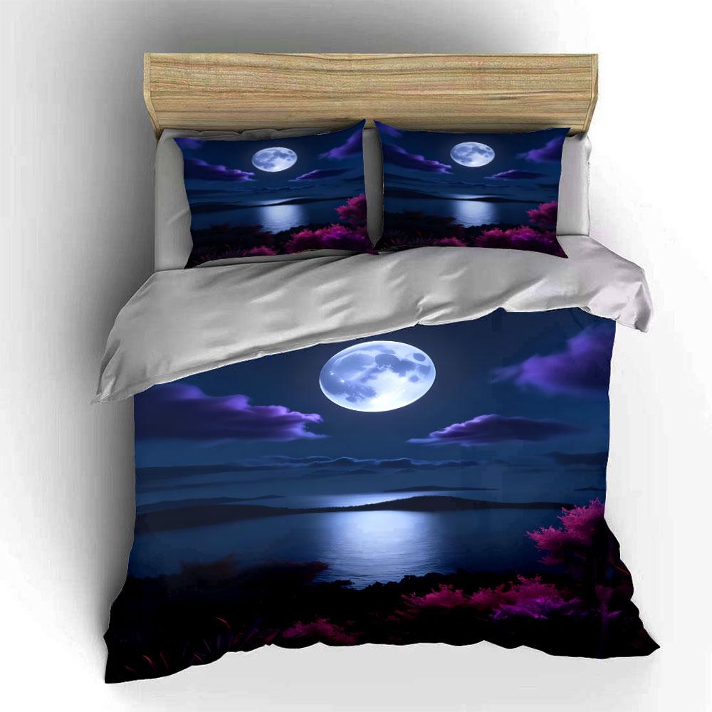 Moonlit Night Landscape Decor Soft Comfortable Duvet Cover Bedding Set Included 1*Duvet Cover & 2*Pillowcases, Gift