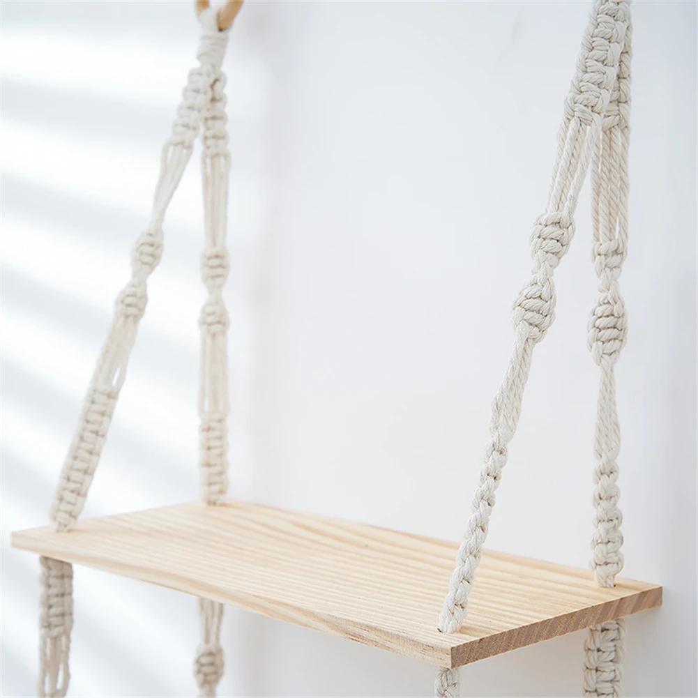 Macrame Shelf Wall Hanging Wood Floating Shelf with Woven Rope Rustic Storage Organizer 3 Tier Rack Boho Decor for Living Room