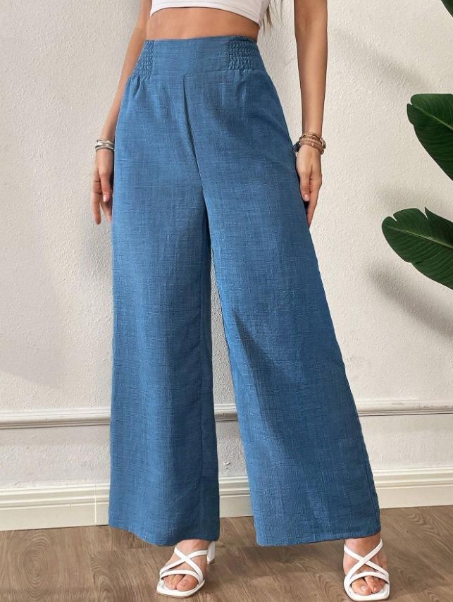 Womens Solid Color High Waist Smocked Wide Leg Casual Long Pants S синий