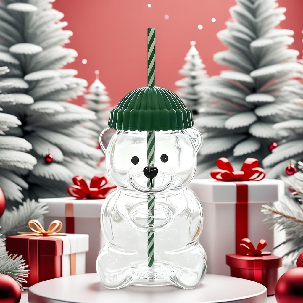 For New Starbucks Christmas Limited Edition Bear Hat Coffee Straw Cup Transparent And Lovely Style Portable Christmas Gift