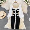 Retro Hepburn Style Waist Waist Square Collar Ladies Temperament Black and White Patchwork Buttock Knitted Dress