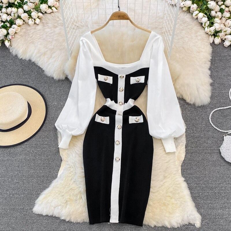Retro Hepburn Style Waist Waist Square Collar Ladies Temperament Black and White Patchwork Buttock Knitted Dress
