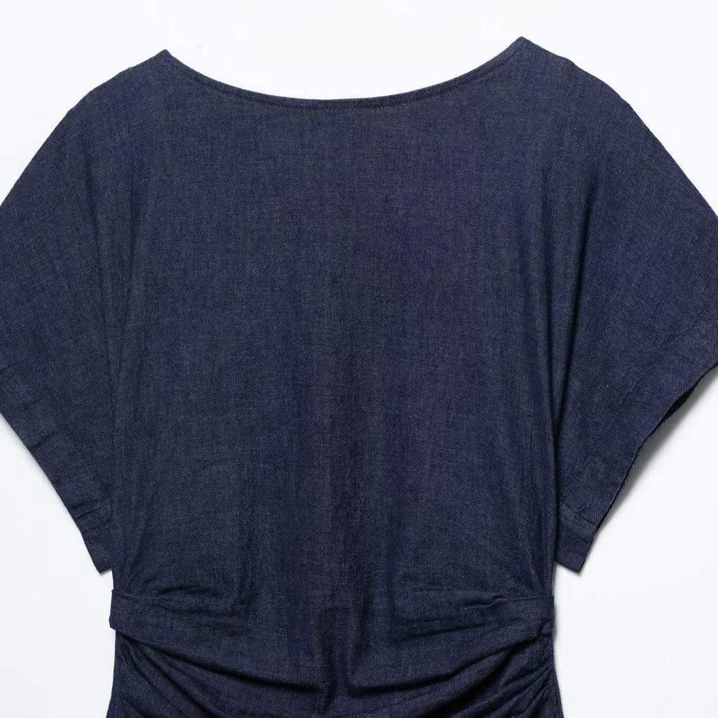 TAOP&ZA Spring Women's Elegant Ruched Short Sleeve Denim Dress