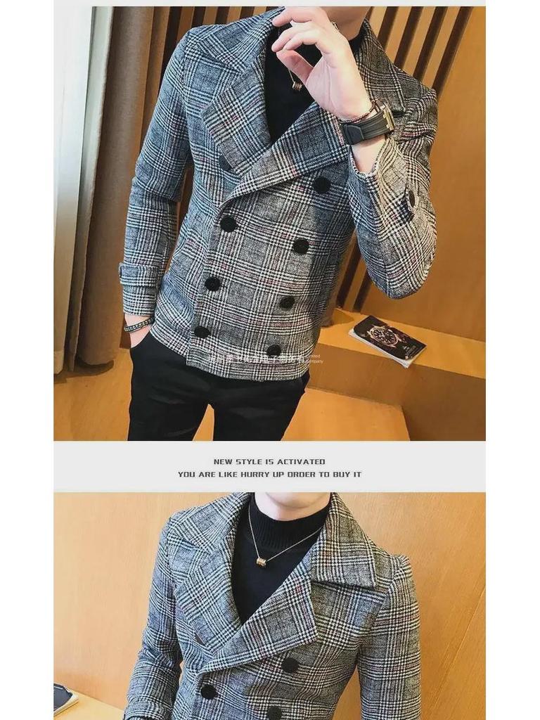 Men's 2022 Korean Style Plaid Woolen Short Coat - Trendy & Handsome for Autumn/Winter