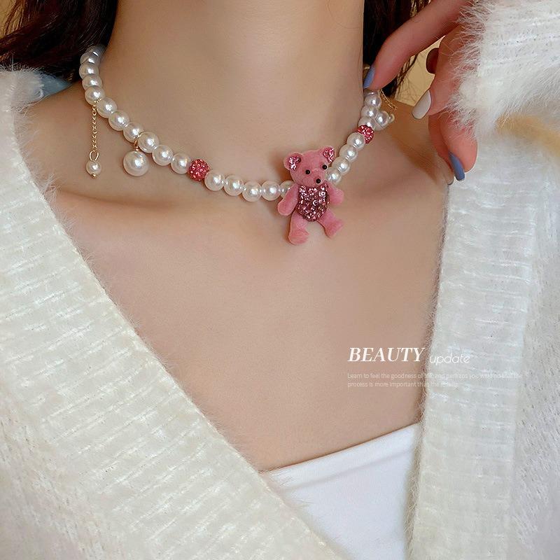 Silver Needle with Diamonds Flocked Bear Earrings Cartoon Cute Pink Girl Heart Sweet Stud Earrings Niche Design Earrings