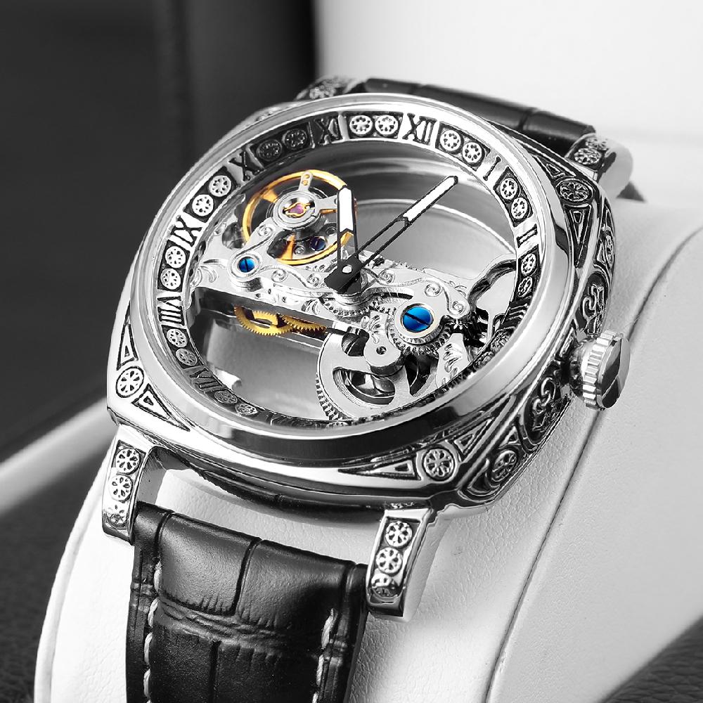 FORSINING Automatic Men Watch Mechanical Bridge Skeleton Transparent Luxury Vintage Cushion Case Suede Leather Male Dress Watch