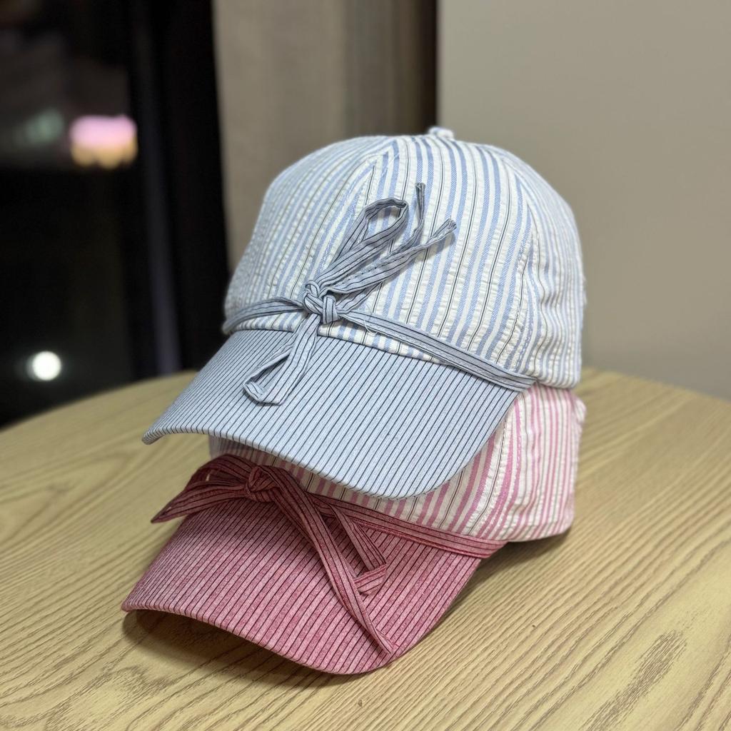 Casual, simple, and stylish bowknot soft-top baseball cap with stripes, versatile for large head sizes and round faces, sun-shading and