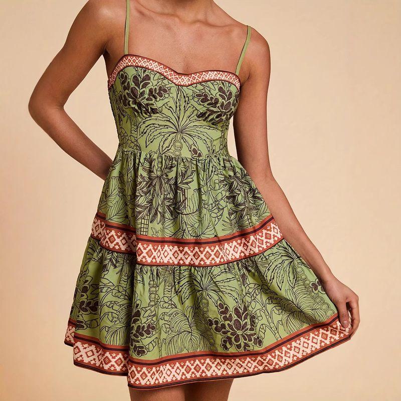 

Spring New Arrival European and American Fashion Women s Wear Print Vacation Style Dress A- line Slip Dress Short Skirt Matcha S