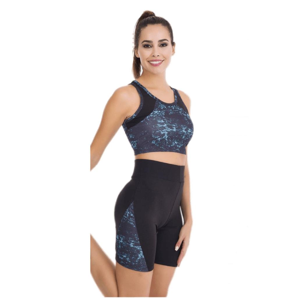 Ensemble de sport bustier et collants courts pour femme Lady 4005 de couleur noire et bleue