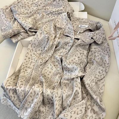 Women's Luxury Leopard Print Satin Pajama Set for Spring/Autumn