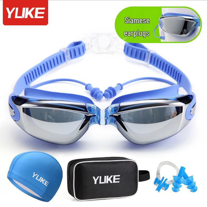 Adult HD Waterproof Anti-Fog Prescription Swimming Goggles Set with Large Frame, Swim Cap, Bag, and UV Protection