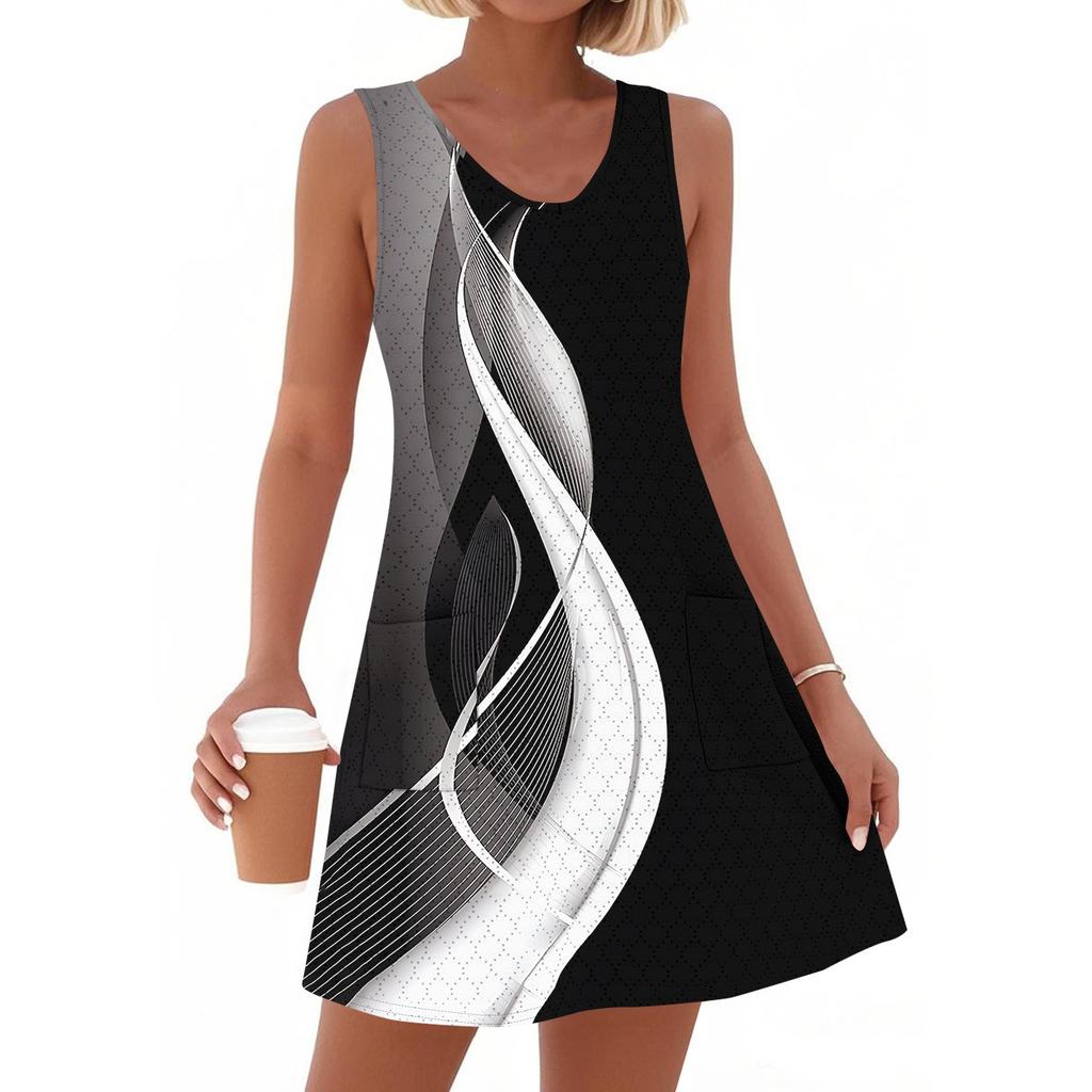 Women's Fashion Casual Summer Cupless Bag V-neck Vintage Color Block Stitching Print Dress Beach Sundress