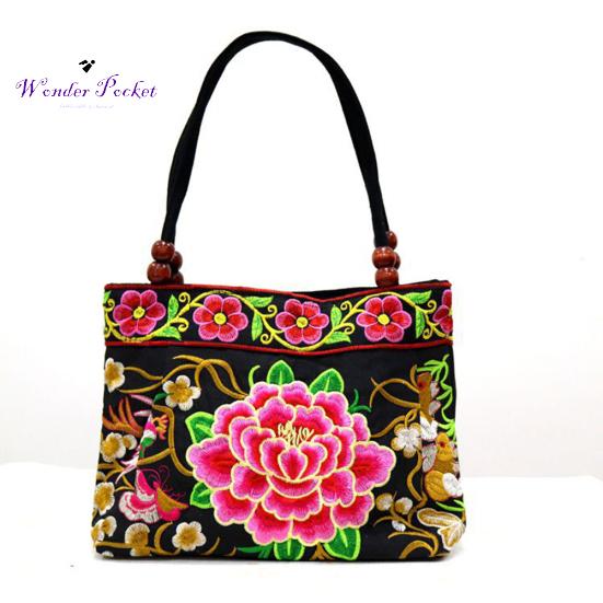 Modische Damen-Handtasche mit ethnischer Pfingstrosen-Stickerei, Perlengriff, Reißverschluss, Segeltuch-Einkaufstasche