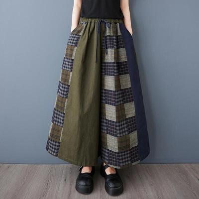 Plus Size Vintage Plaid Patchwork High Waist Casual Loose Long Spring Summer Wide Leg Pants Women Trousers
