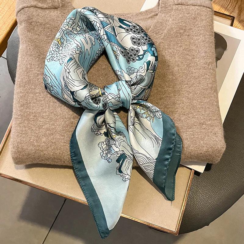 New Floral Print Shawl Design Silk Square Scarf Women Female Wrap Headkerchief Hijab Beach Stoles Hair Band Echarpe Bandana 2023
